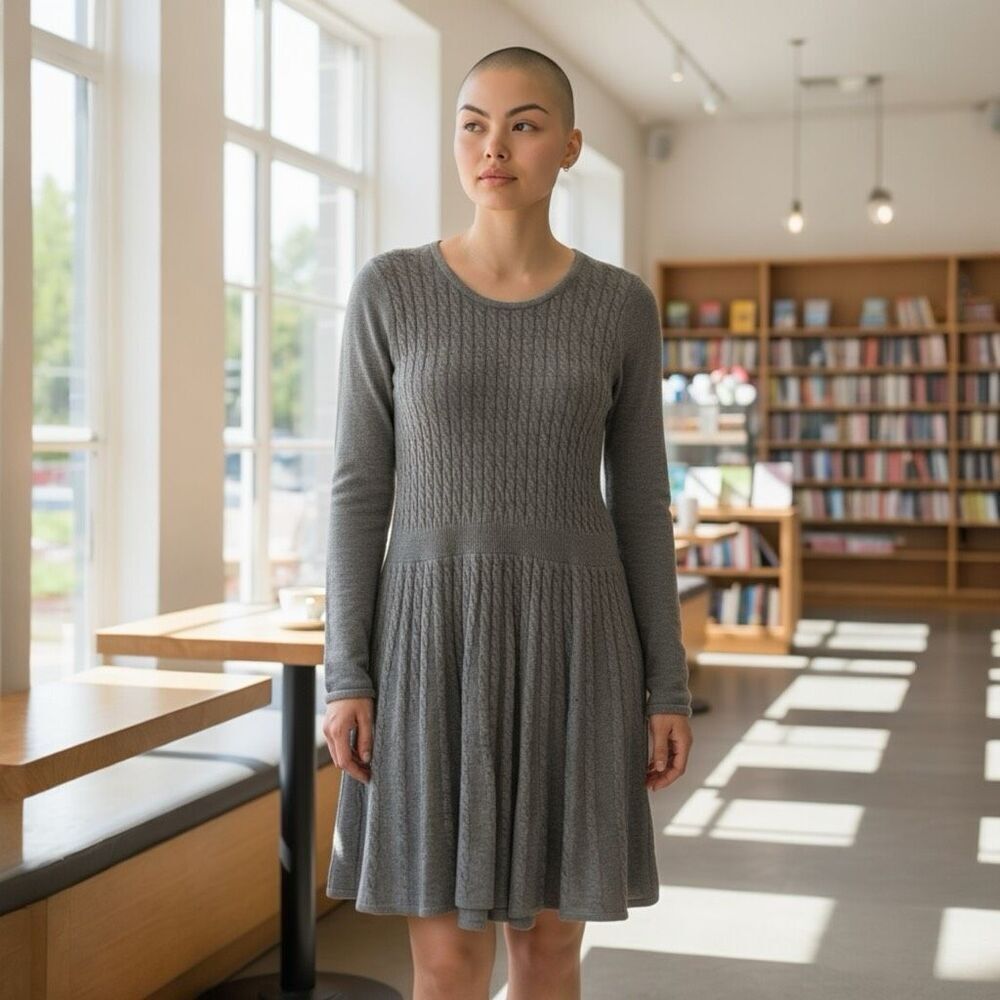 Calvin Klein‎ Cable Knit Gray Long Sleeve Sweater Dress Sz L Deadstock